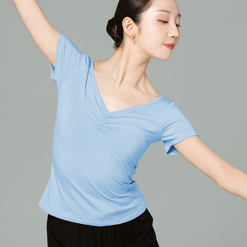 速发AI新品推荐舞蹈上衣女形体中国舞紧身短袖V领芭蕾舞练功服上