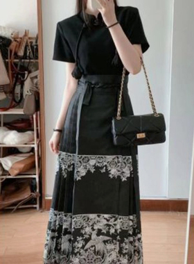极速大尺码汉服女胖mm200斤中式裙子夏季显瘦Q国风改良黑色马面裙