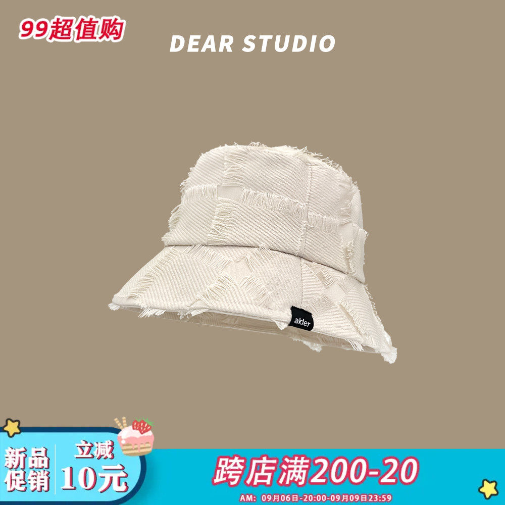 极速日系复古毛边割破格纹水桶帽子E女春夏素颜遮脸百搭显脸小渔