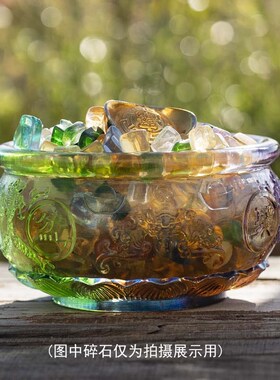 新品【福至有余聚宝n盆】古法琉璃聚宝盆蝙蝠双鱼纹理家居摆件日