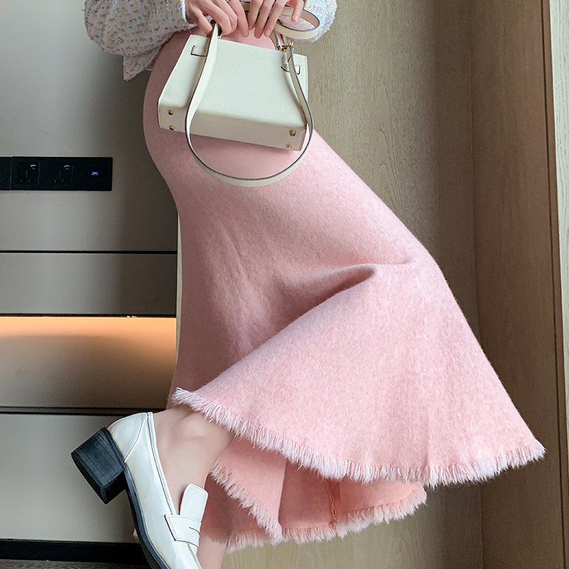 白色流苏针织裙子女春秋2024新款半身裙小个子高S腰修身包臀鱼尾