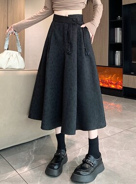 极速新中式提花i黑色a字半身裙女春季2025新款国风盘扣显瘦中长款