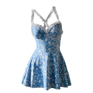 新品 高颜值超仙日系少女s小碎花连体泳衣女纯欲风带钢托聚拢泡温