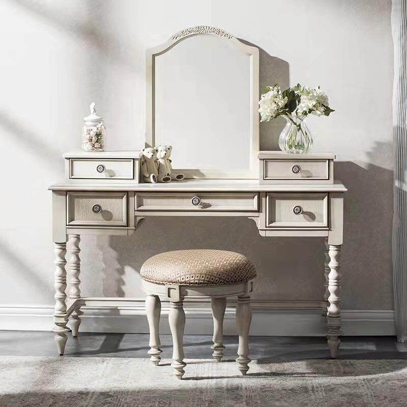 美式法式白色做旧实木雕花卧室梳妆台桌镜欧式仿古梳妆台组合