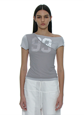 柔软高弹数字印花上衣 韩国正品 PARTIMENTO 休闲时尚露肩短袖T恤