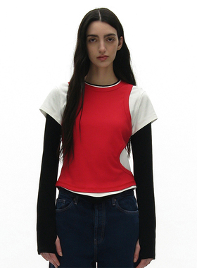 撞色可拆卸三件套上衣 韩国正品 PARTIMENTO 春秋圆领百搭长袖T恤