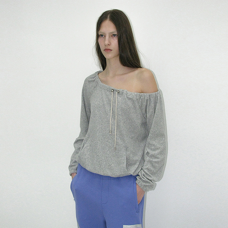 抽绳斜肩设计小众长袖漏肩T恤女