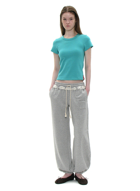 褶皱荷叶边休闲慢跑裤 韩国正品PARTIMENTO 抽绳棉质束脚中腰长裤