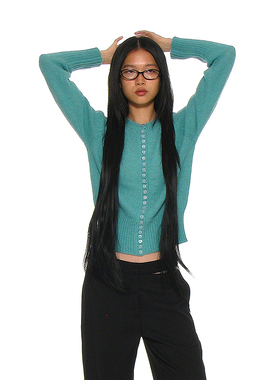 宽罗纹纽扣针织开衫 韩国正品PARTIMENTO 圆领半短款羊毛混纺毛衣