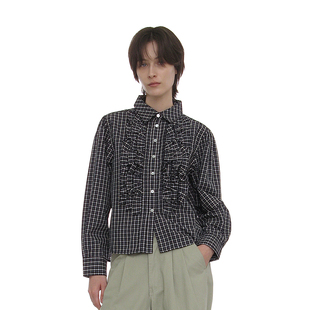 COUNTRY复古格纹荷叶边褶裥衬衫 PARTIMENTO圆弧下摆常规休闲衬衣
