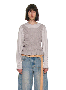 一体式褶饰圆领长袖T恤 韩国正品PARTIMENTO 高弹力拼色收腰上衣