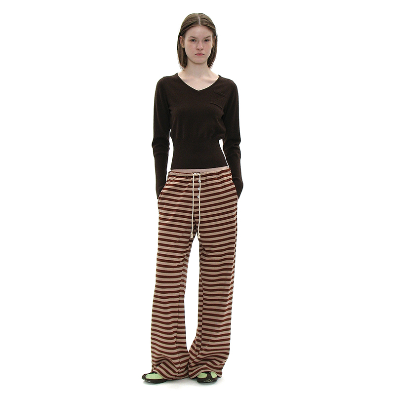 弹力抽绳纽扣宽松条纹针织长裤