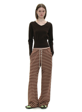 纽扣宽松条纹针织长裤 韩国正品 PARTIMENTO 柔软弹力抽绳直筒裤