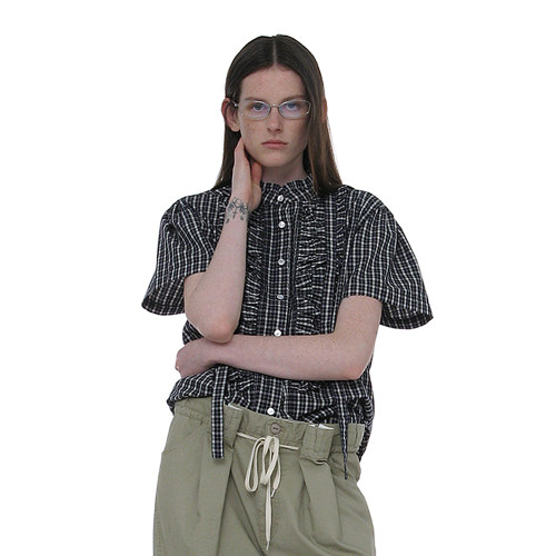 复古荷叶边褶裥高领短袖格纹衬衫