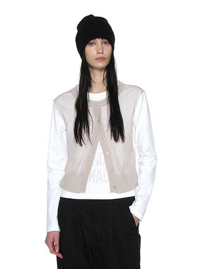 针织开衫一体式假两件长袖T恤 PARTIMENTO 裂纹字母印花圆领上衣