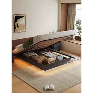 黑色无床头实木储物床小户型主卧齐边高箱双人床现代简约无靠背