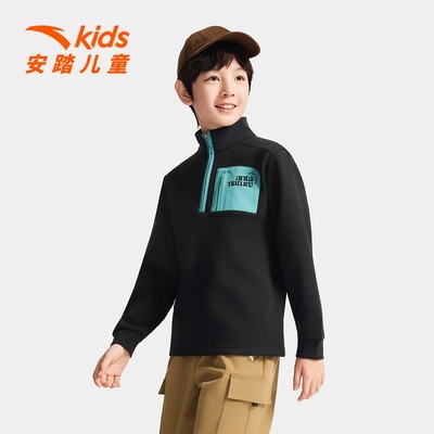 安踏儿童卫衣男大童冬季薄绒半高领长袖2025新款男孩加厚卫衣上衣