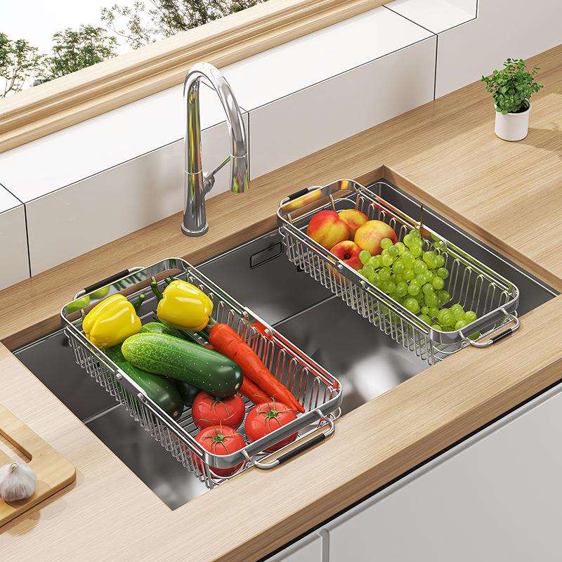 不锈钢水槽沥水篮厨房洗碗池多功能碗碟架厂家可伸缩果蔬篮