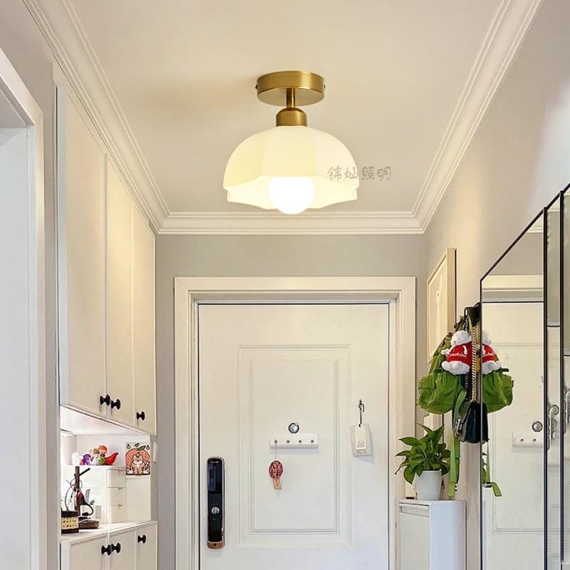 走廊日式简约奶油全铜入户门过北欧道风灯玄关灯玻璃阳台吸顶灯厅