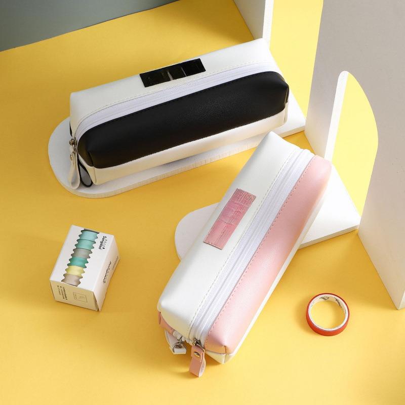 韩版双层大容量文具盒铅笔盒初中男女简约笔袋小学生创意PU文具袋