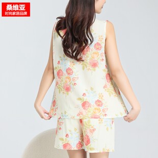 外穿两件套家居服 凉感花卉印花夏季 桑维亚棉绸女睡衣背心无袖 短裤