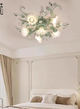 佳苑蓝色田园风格吸顶灯玫瑰花铁艺复古房间卧室灯温馨浪漫花草灯