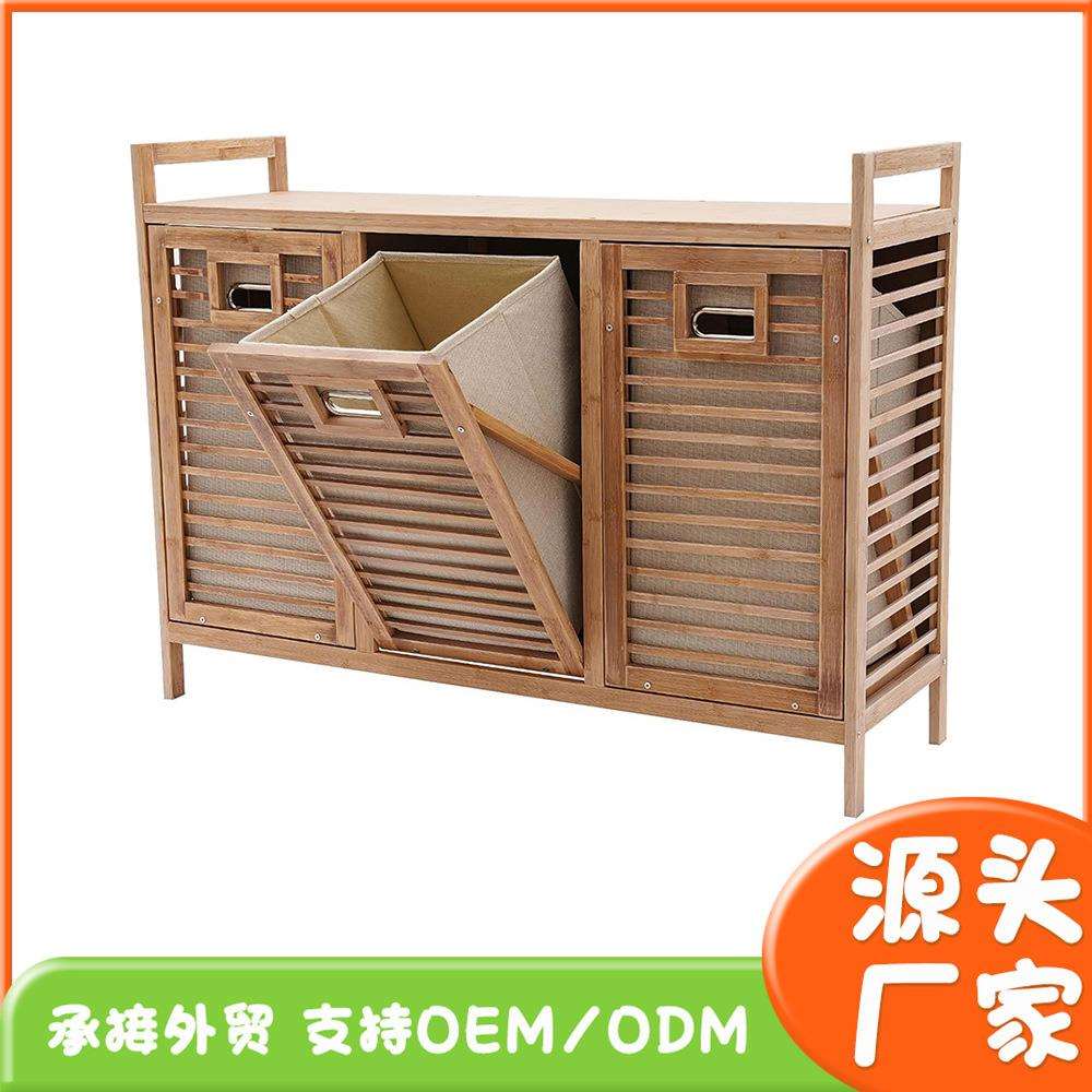 亚马逊热销竹制洗衣篮三抽脏衣服收纳筐脏衣车带置物架收纳柜浴室