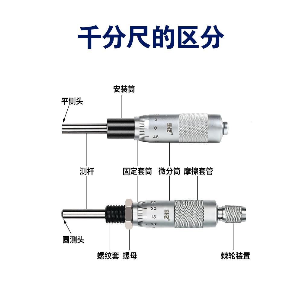 微分头千分尺测微仪0-6.5-13-25测微头平头带螺母圆头无螺母