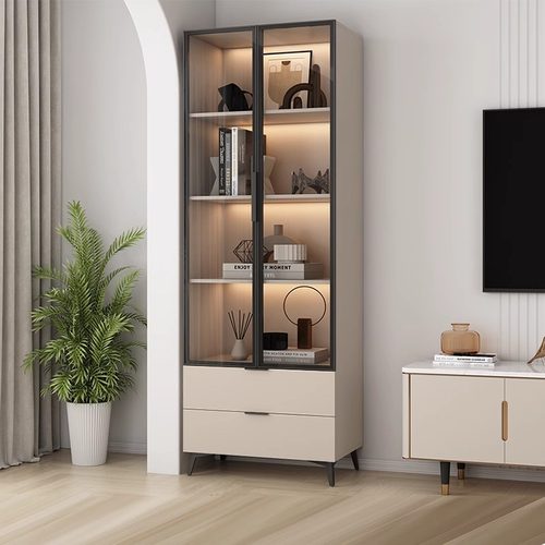 实木书柜家用玻璃门客厅置物柜轻奢落地储物展示柜立柜多功能定制