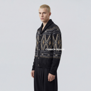 COM26AW【费尔岛羊驼毛青果领】羊毛马海毛混纺提花针织开衫毛衣