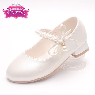 女童高跟鞋春秋新款中大童配礼服表演皮鞋小女孩水晶鞋白色公主鞋