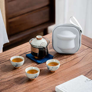 一壶三杯快客杯喝泡茶小套装 哥窑手绘韵竹户外旅行茶具套装 便携式
