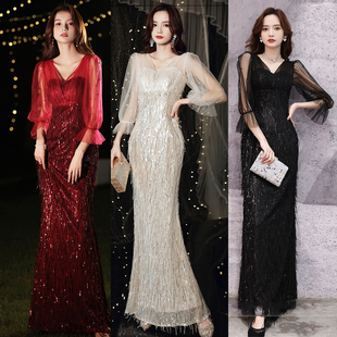 金色晚礼服高端大气连衣裙女气质高级感轻奢小众2025新款主持人秋