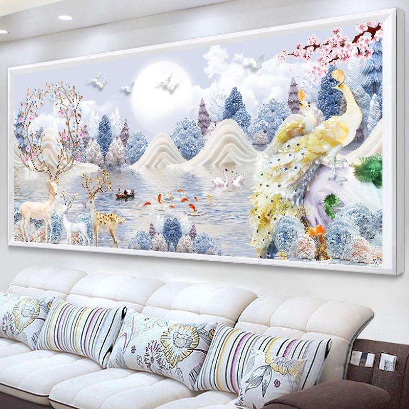 2025新款水晶钻石画客厅简约现代粘钻十字绣砖石画麋鹿孔雀手工贴