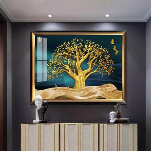 发财树入户壁画玄关横版过道装饰画高档美式轻奢餐厅走廊画挂画