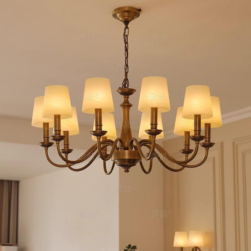 全铜美式简约客厅吊灯玻璃灯罩 别墅复式楼餐厅卧室灯书房吊灯