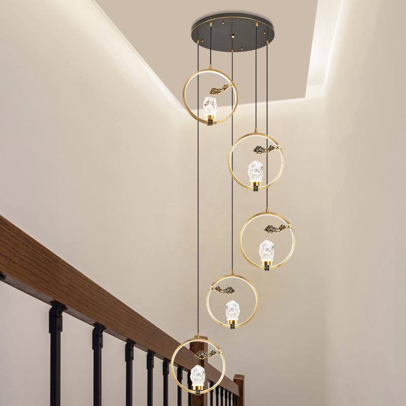 新中式餐厅全铜吊灯现代中国风卧室床头小吊灯别墅楼梯间长条吊灯