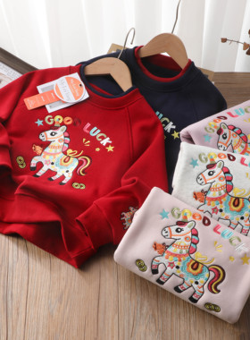 儿童冬季加绒卫衣男女童卡通独角兽刺绣圆领保暖上衣加厚-LY25666