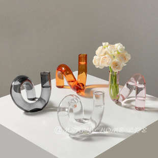 简约现代创意弯曲设计艺术摆件水养插花玻璃花瓶客厅桌面装饰花器