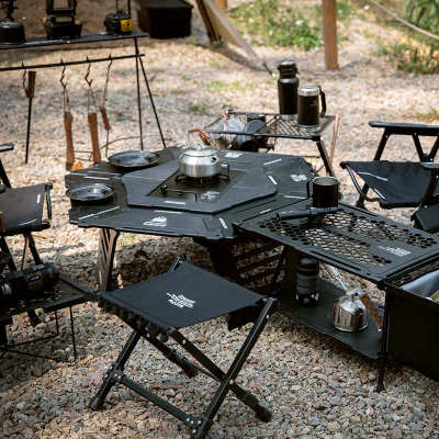 户外露营围炉折叠桌igt桌子多功能组合厨房烧烤桌野营六角战术桌