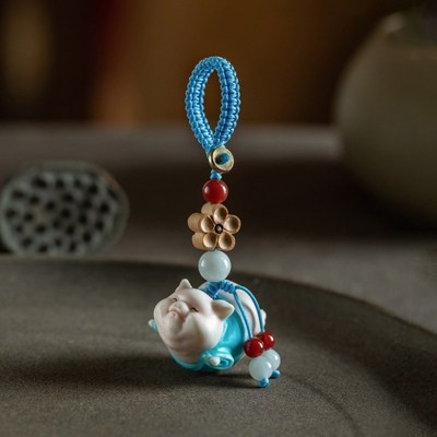 极速天然鹿角可爱小飞猪汽车钥匙扣挂件手工彩绘根付生Z肖猪诸事