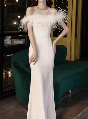 极速20b25新款白色礼服女长裙宴会王气质夜场晚礼服一字肩鱼尾晚
