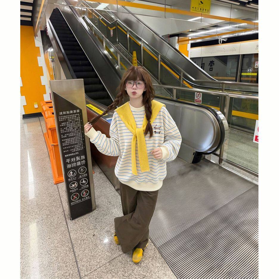 ZHAP刺绣腊肠小狗条纹长袖卫衣女加绒加厚通勤秋冬款通勤欧美风