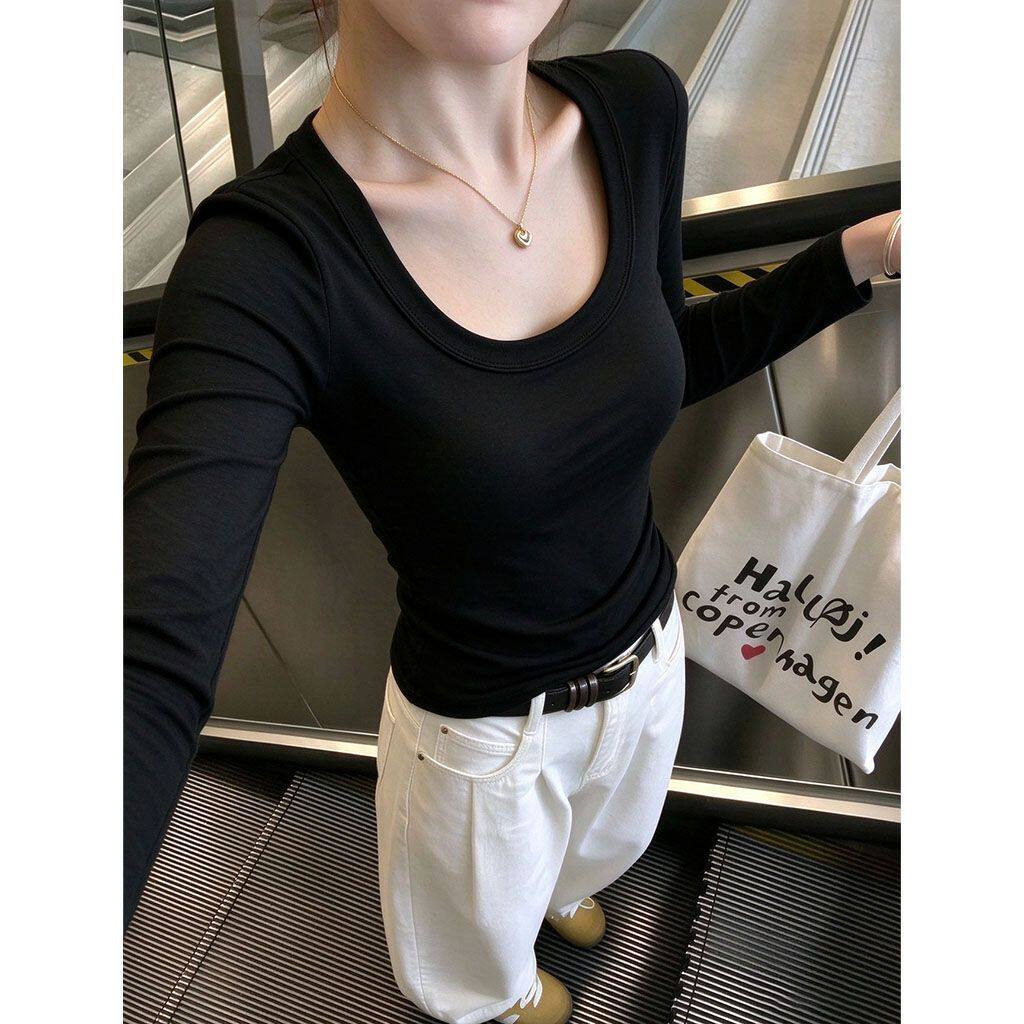 ZHAP大码胖MM秋冬纯欲风U领纯色修身显瘦女黑色温柔纯欲风高级感