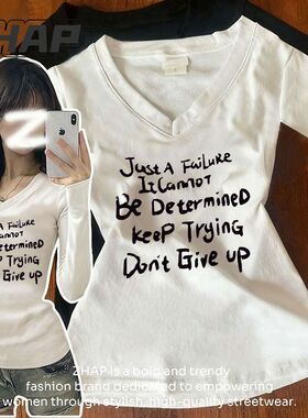 ZHAPV领长袖t恤女秋季白色休闲修身显瘦欧美风百搭chic短款上衣潮