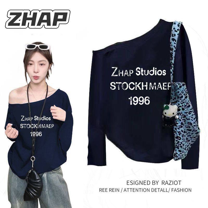 ZHAP斜领露肩纯棉爆款长袖t恤