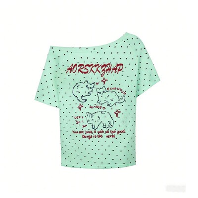 ZHAP一字领波点短袖T恤薄荷绿