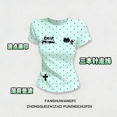 ZHAP圆领波点短袖T恤女显瘦
