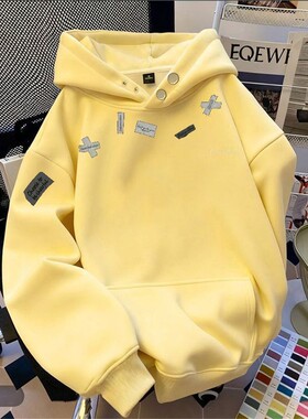 ZHAP重磅纽扣新款连帽卫衣女秋冬款遮肉通勤ins欧美风加绒加厚潮