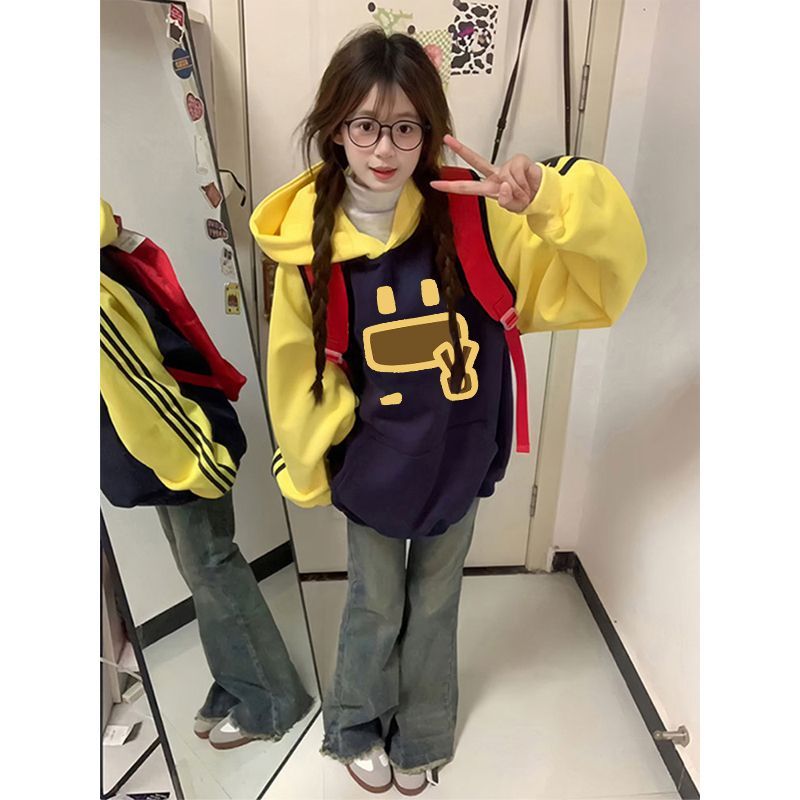 美式复古拼连续帽卫衣秋冬加绒